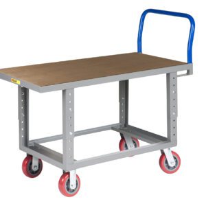 The Little Giant Ergonomic Work Height Platform Truck is a flatbed cart with a metal frame, blue handle, and red wheels on a white background. Its wooden top is expertly crafted for efficient goods transport.