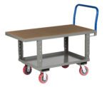 The Little Giant Ergonomic Work Height Platform Truck has a gray body with a brown rectangular surface and blue handle. It features four red wheels with white rims, providing convenient use and excellent maneuverability in diverse environments.