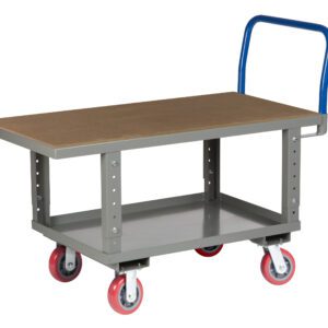 The Little Giant Ergonomic Work Height Platform Truck has a gray body with a brown rectangular surface and blue handle. It features four red wheels with white rims, providing convenient use and excellent maneuverability in diverse environments.