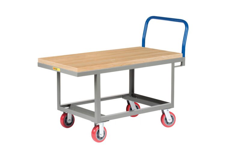 The Little Giant Ergonomic Work Height Platform Truck features a wooden-top flatbed utility cart, sturdy metal frame, and a bright blue handle. It moves easily with four red wheels designed for smooth mobility.