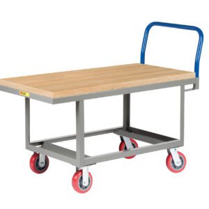 The Little Giant Ergonomic Work Height Platform Truck features a wooden-top flatbed utility cart, sturdy metal frame, and a bright blue handle. It moves easily with four red wheels designed for smooth mobility.