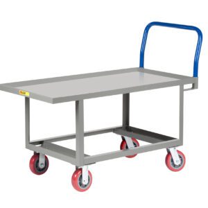 The Little Giant Ergonomic Work Height Platform Truck with Lipped Deck has a gray flatbed, blue handle, red wheels, and sturdy rectangular frame. Its lipped deck and four swivel casters ensure easy item transport with smooth mobility.
