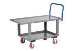 The Little Giant Ergonomic Work Height Platform Truck includes a metal utility cart with a flat top, bottom shelf, blue handle, and four red and gray swivel caster wheels for easy movement.