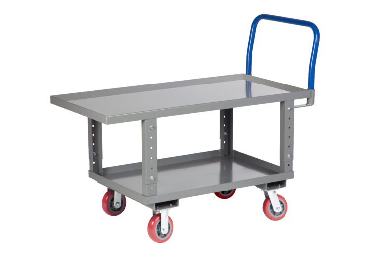 The Little Giant Ergonomic Work Height Platform Truck includes a metal utility cart with a flat top, bottom shelf, blue handle, and four red and gray swivel caster wheels for easy movement.