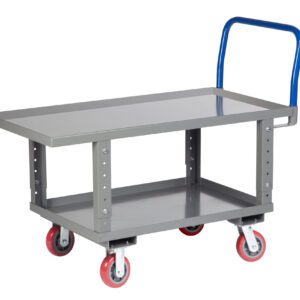 The Little Giant Ergonomic Work Height Platform Truck includes a metal utility cart with a flat top, bottom shelf, blue handle, and four red and gray swivel caster wheels for easy movement.