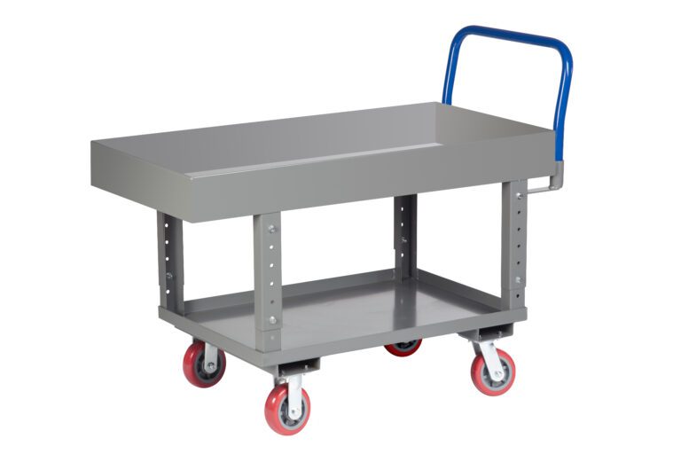 RNL2X624486PYAH.jpg The Little Giant Ergonomic Work Height Platform Truck with Lipped Deck features a gray utility cart, flat top, four red and black swivel wheels, a blue handle, and an open bottom shelf—ideal for efficient material transport in warehouses or workshops.