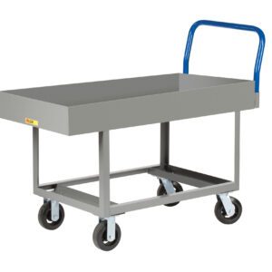 The Little Giant Ergonomic Work Height Platform Truck with Lipped Deck is a gray metal utility cart featuring a rectangular tray, blue handle, and four black wheels. Its sturdy frame ensures goods transport safely while the lipped deck prevents items from sliding off during transit.