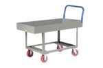 A gray metal utility cart, similar to the Little Giant Ergonomic Work Height Platform Truck with Lipped Deck, boasts a blue handle and four red caster wheels. Its flat surface and open sides make it ideal for industrial use, offering both functionality and ease.