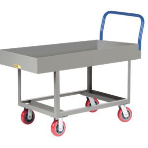 A gray metal utility cart, similar to the Little Giant Ergonomic Work Height Platform Truck with Lipped Deck, boasts a blue handle and four red caster wheels. Its flat surface and open sides make it ideal for industrial use, offering both functionality and ease.