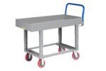 The Little Giant Ergonomic Work Height Platform Truck features a gray metal build with a blue handle and four red swivel wheels. Its open, rectangular design includes reinforced legs and a lipped deck for safely carrying items.