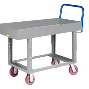The Little Giant Ergonomic Work Height Platform Truck features a gray metal build with a blue handle and four red swivel wheels. Its open, rectangular design includes reinforced legs and a lipped deck for safely carrying items.