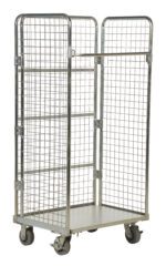 The Vestil Galv Nestable Roller Container 24 X 66 is a metal roll cage trolley with a grid design and four casters for easy movement, ideal for transporting items in warehouses or stores with its high sides and open top.