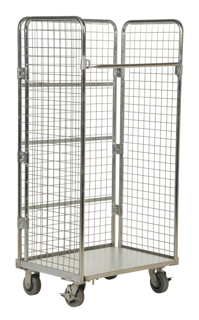 The Vestil Galv Nestable Roller Container 24 X 66 is a metal roll cage trolley with a grid design and four casters for easy movement, ideal for transporting items in warehouses or stores with its high sides and open top.