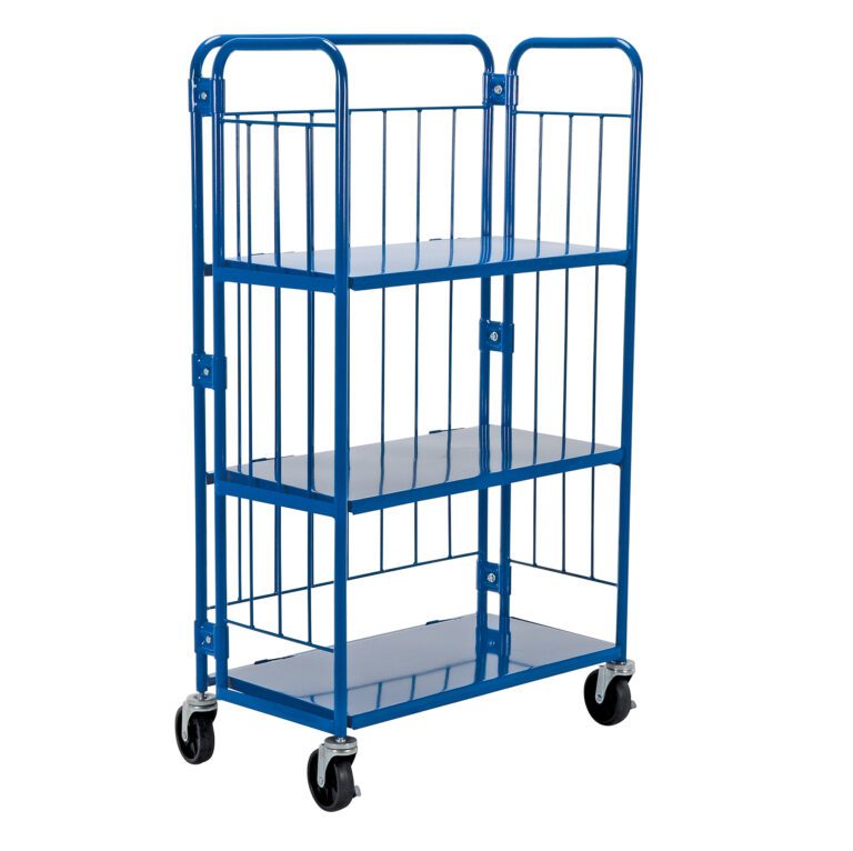 The Vestil Blue Nestable Roller Container 3 Shelf includes vertical side bars, four swiveling black wheels for easy mobility, and a durable metal frame. Its empty, upright, and ideal for efficient storage or transport.