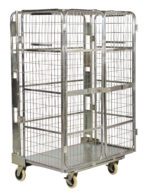 The Vestil Galv Nestable Roller Container 43.5X69 is a metal grid cage with four swivel casters and two front doors, ideal for easy movement and storage or transport of goods.