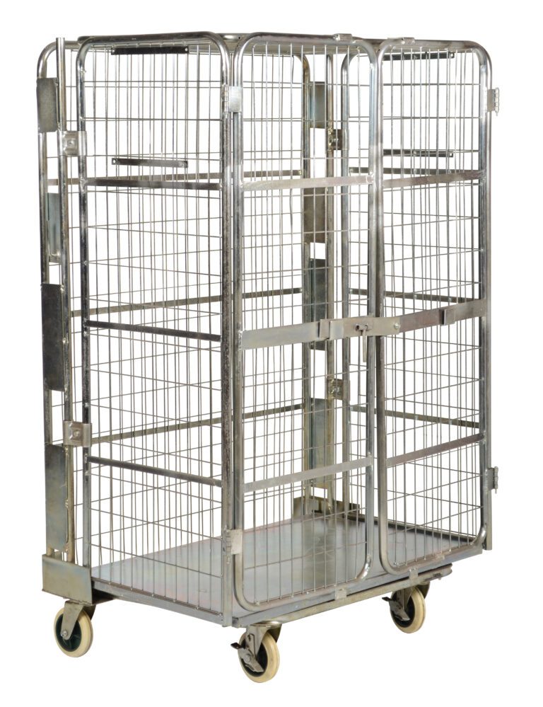 The Vestil Galv Nestable Roller Container 43.5X69 is a metal grid cage with four swivel casters and two front doors, ideal for easy movement and storage or transport of goods.