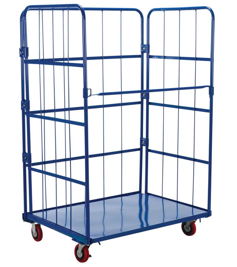 ROL-3143-1_A.jpg The Vestil Blue Nestable Roller Container 1 Shelf features a durable metal frame with four sides, a flat base, and red wheels—two with brakes. Ideal for warehouses or stores, this container efficiently transports goods and nests away when not in use.