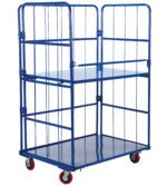The Vestil Blue Nestable Roller Container 2 Shelf features a sleek design with high side railings and four red wheels for easy maneuverability, making it ideal for efficient transport and storage.