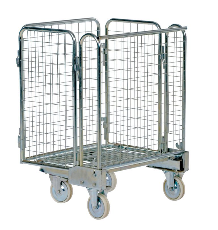 Meet the Vestil Galv Nestable Roller Container 26.3X35.6, featuring a sleek metal design with four wheels and wire mesh sides, perfect for transporting goods in warehouses or stores thanks to its open-top and rectangular base design.