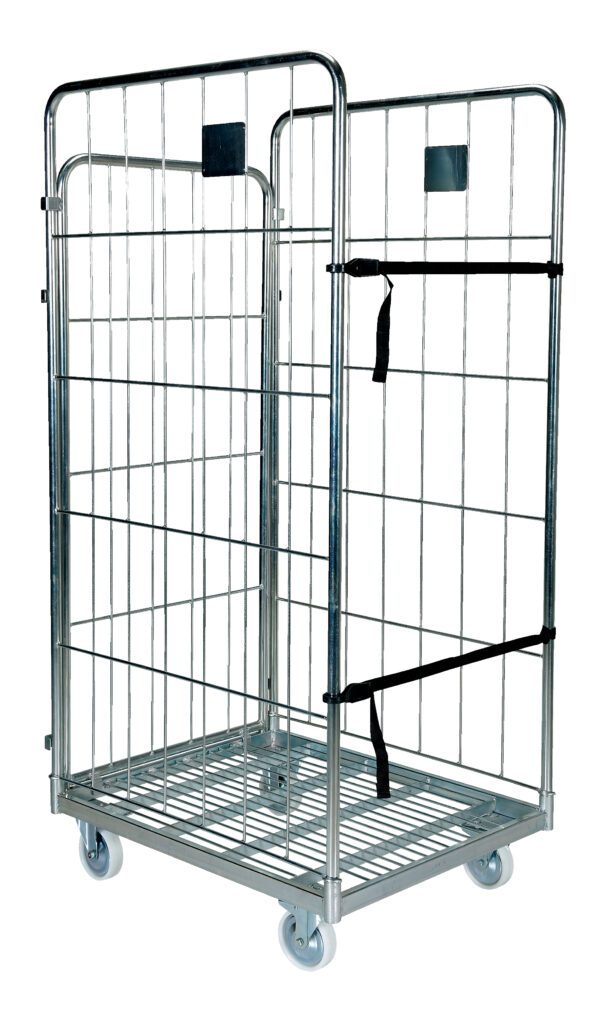 ROL-80_A.jpg A metal wire cage trolley, like the Vestil Galv Nestable Roller Container 28.25X69.5, features a rectangular base with four wheels, vertical grid walls, and two horizontal black straps for securing items. It stands upright and empty, ready for use.