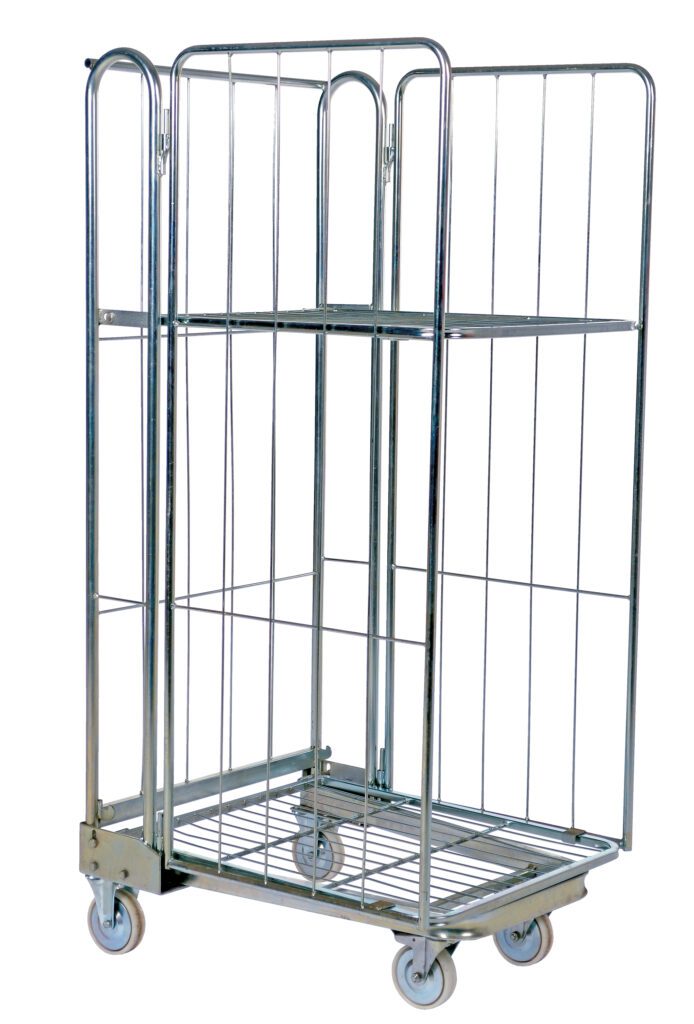 ROL-85_A.jpg The Vestil Galv Nestable Roller Container 27.5X68.3 is a versatile metal utility cart with vertical bars, two shelves, and four swivel wheels, ideal for efficient goods transportation in warehouses or stores due to its open-top design.