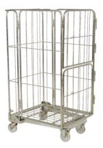 The Vestil Galv Nestable Roller Container 26.375X59 is a metal roll cage trolley with four wheels, open sides, a sturdy rectangular base, and vertical bars forming an efficient cage structure on a white background; ideal for transporting goods.