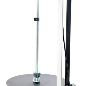 The Vestil Roll Material Portable Dolly W/Cutter is a vertical cylinder with a wheeled black base, metal rod, bars, and a central gear-like cutter, enhancing its practicality for various tasks.