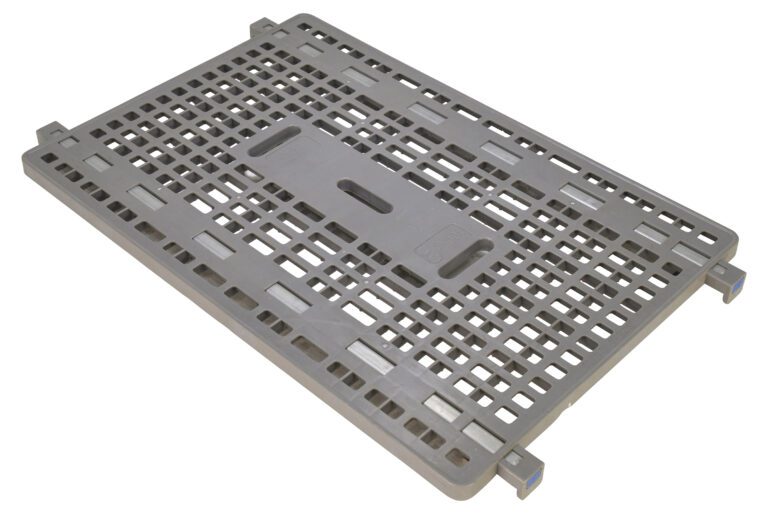 The gray plastic crate base features a grid of rectangular holes, reinforced edges, and corner locking clips for stacking stability. Compatible with the Vestil Optional Plastic Shelf 44 x 27.5, its ideal for efficient organization and transport of goods.