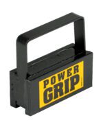 A black rectangular weightlifting plate featuring POWER GRIP in bold yellow and black text, its utilitarian design echoing the Vestil Magnetic Easy Lifts functionality, ideal for strength training.