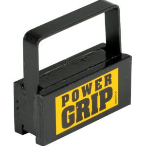 A black rectangular weightlifting plate featuring POWER GRIP in bold yellow and black text, its utilitarian design echoing the Vestil Magnetic Easy Lifts functionality, ideal for strength training.
