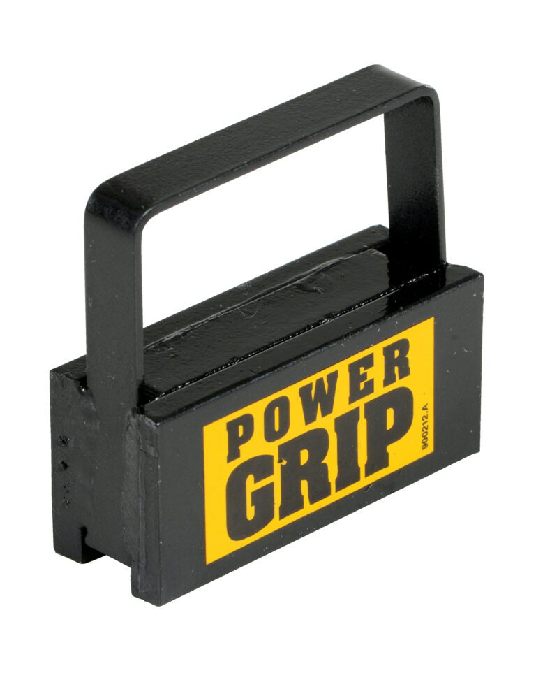 A black rectangular weightlifting plate featuring POWER GRIP in bold yellow and black text, its utilitarian design echoing the Vestil Magnetic Easy Lifts functionality, ideal for strength training.