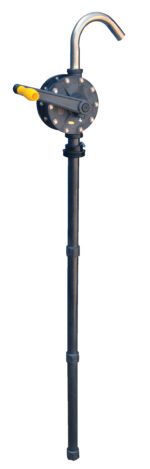 The Vestil Pps Manual Rotary Drum Pump, measuring 10 inches, efficiently transfers oils or fuels with its metal spout and long black handle. It features a circular mechanism and a yellow grip for effective fluid pumping.