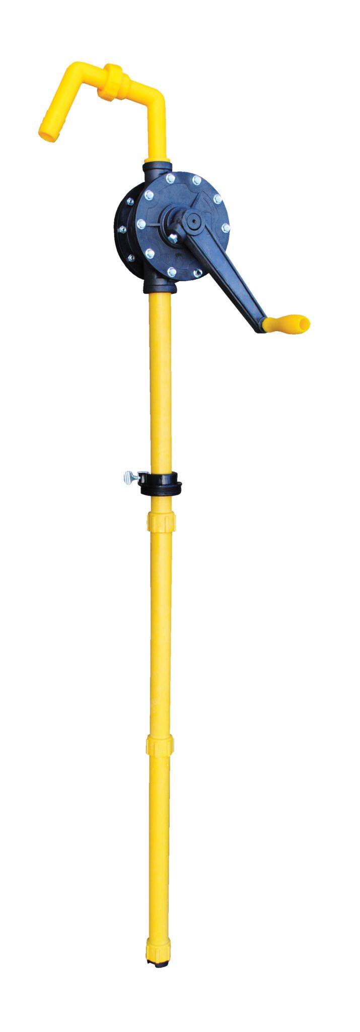 RP-90R_A.jpg The Vestil Pps Manual Rotary Drum Pump 10 In Long, with its yellow cylindrical body and black handle, is designed for efficient liquid transfer using its circular mechanism and multiple connection points.
