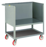 The Little Giant Raised Platform Box Trucks with Lower Shelf features a gray, two-tiered design with red and white wheels. It includes a handle and three enclosed panels on the upper tier, while the bottom shelf is open for easy access, making it ideal for efficient item transport.