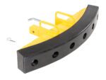 The Vestil Rubber Push Bumper, in yellow and black, attaches to a 2 receiver using a metal pin and hook for impact absorption. Its curved design features surface holes to enhance performance.