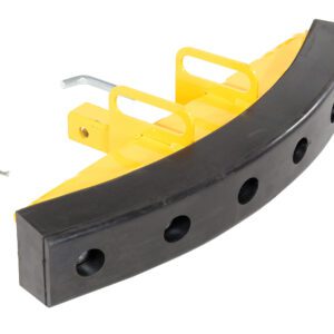 The Vestil Rubber Push Bumper, in yellow and black, attaches to a 2 receiver using a metal pin and hook for impact absorption. Its curved design features surface holes to enhance performance.