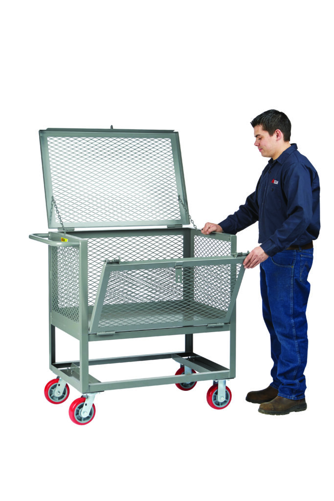 A person in a navy shirt and jeans stands next to a gray metal cart, similar to the Little Giant Raised Platform Trucks with Drop-Gate and Lid, featuring mesh sides and red wheels. The carts hinged top is open, showcasing its versatile drop-gate design.
