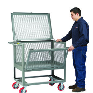 A person in a navy shirt and jeans stands next to a gray metal cart, similar to the Little Giant Raised Platform Trucks with Drop-Gate and Lid, featuring mesh sides and red wheels. The carts hinged top is open, showcasing its versatile drop-gate design.