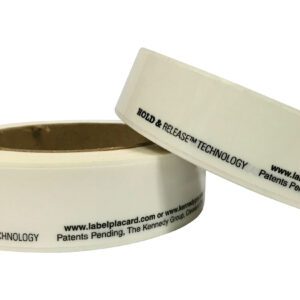 Two rolls of white adhesive tape feature Hold & Release Technology with a website link. Ideal for organizing, they resemble Vestil Economy Racking Labels, making labeling easy and efficient.