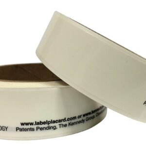 Two rolls of white adhesive tape featuring a website and patent info are stacked, ideal for organizing with Vestil Industrial Racking Labels – 1 inch, 50 pcs.