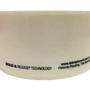 A transparent adhesive roll, like Vestil Industrial Racking Labels 2 In 25 Pcs, features HOLD & RELEASE® TECHNOLOGY and includes a website URL and patents pending note in black text on the bottom edge.