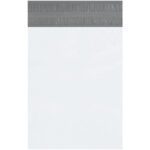 The MH-USA 12 x 15 1/2 Returnable Poly Mailer, sold in cases of 100, features a clear design with a gray adhesive strip for secure sealing. Ideal for efficient returns and safe deliveries, the poly mailer is displayed empty against a white background.