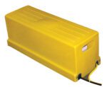 The Vestil Remotely Locatable Power Unit Assembly is a sleek, yellow, industrial battery enclosure with a large rectangular shape, smooth top, and rounded edges. It features an extending cable from the bottom right corner.