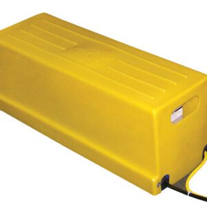 The Vestil Remotely Locatable Power Unit Assembly is a sleek, yellow, industrial battery enclosure with a large rectangular shape, smooth top, and rounded edges. It features an extending cable from the bottom right corner.