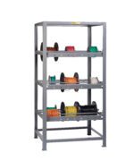 The Little Giant All-Welded Wire Reel Rack boasts an industrial design with three shelves showcasing vibrant wire spools in green, orange, red, and black.