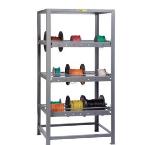 The Little Giant All-Welded Wire Reel Rack boasts an industrial design with three shelves showcasing vibrant wire spools in green, orange, red, and black.