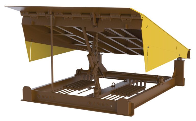 RR-68-20_A.jpg The image displays a Vestil Pull Chain Mech Dockleveler 20K 6X8 Ft, with a brown and yellow mechanical design and hinged platform. Supported by metal beams, its elevated platform exposes the hydraulic mechanism underneath.