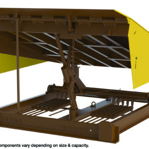 A Vestil Pull Chain Mech Dockleveler 35K 6X8 Ft in brown and yellow displays springs and metal supports. Partly elevated, it reveals the central lift mechanism. Text states internal components vary by size & capacity.