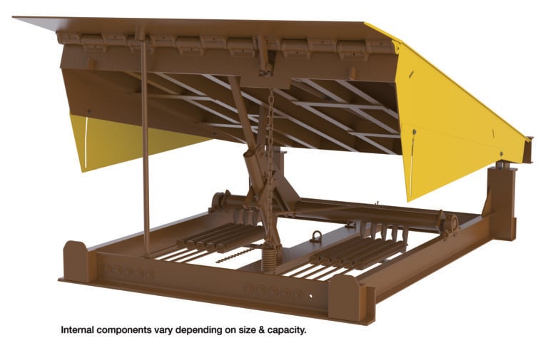 The Vestil Pull Chain Mech Dockleveler 45K 7X10 Ft has a yellow platform and brown base, with hydraulic components and metal bars for stability. It supports up to a 45K capacity. Note: Internal components may vary based on size and capacity.