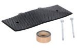 A rectangular black abrasive pad with perforations, a roll of beige tape, and two metal pins are displayed on a white background, resembling items from the Vestil Male End Cap-23.5 X 9.468 Asphalt Kit.